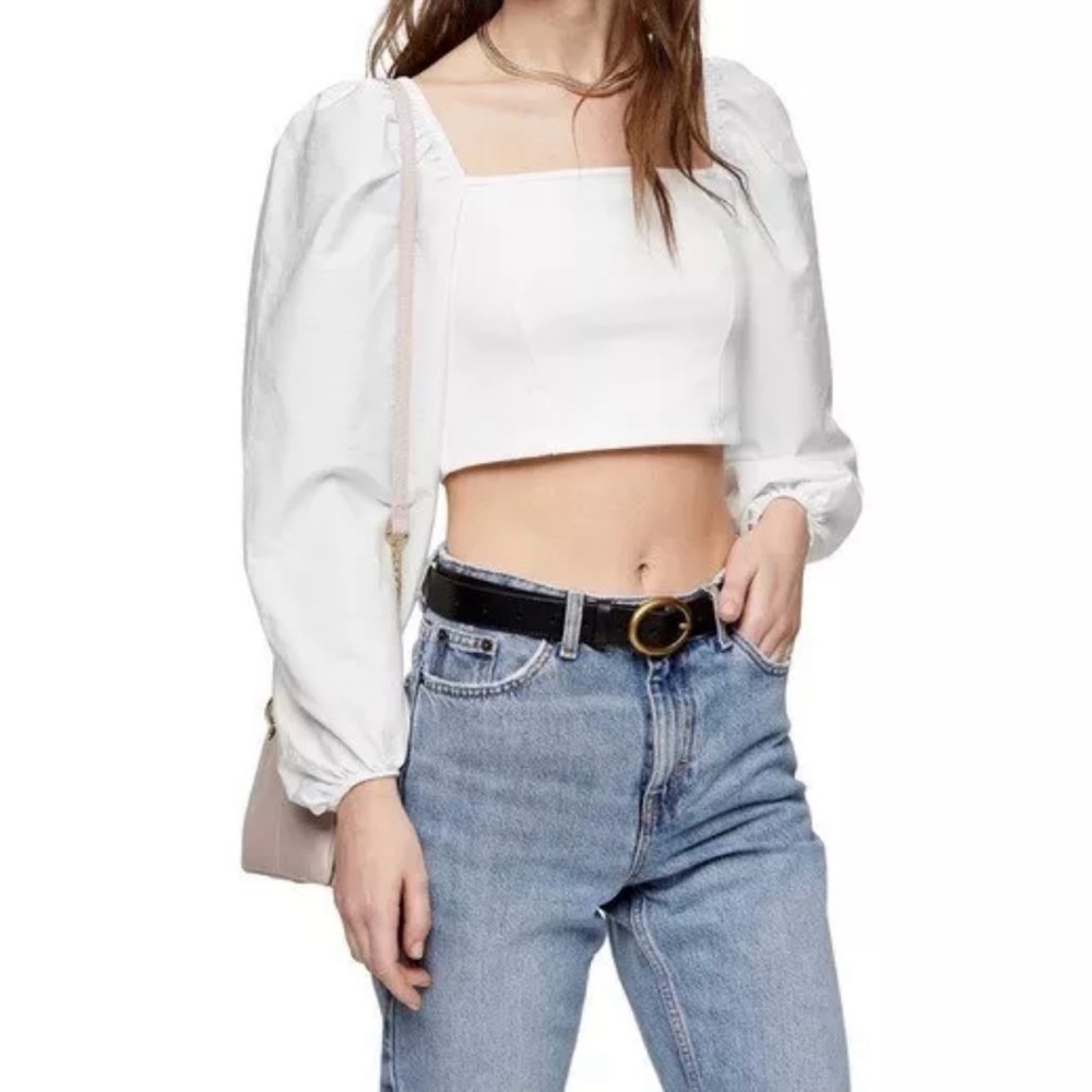 TOPSHOP Off-White Balloon Statement Sleeve Poplin Square Neck Crop Top Size 6 - Picture 3 of 9